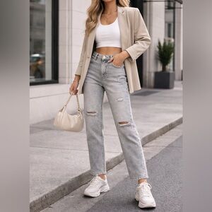 BP Distressed High Rise Mom Jeans Gray Acid Wash Straight Leg Size 27